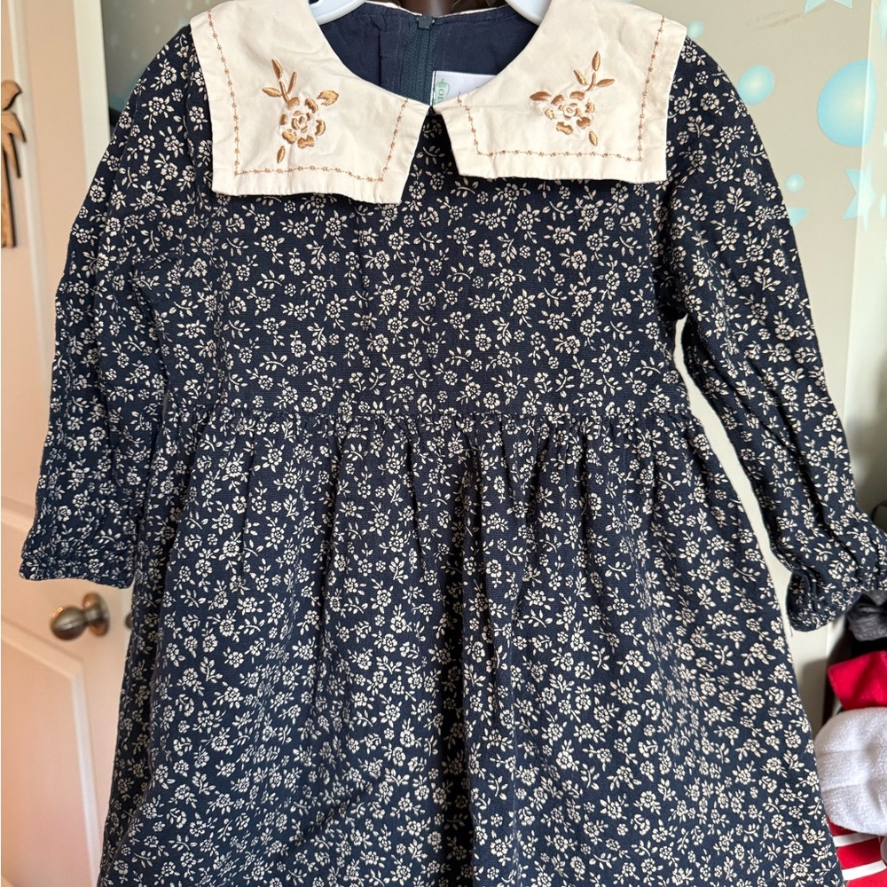 Floral Navy Blue Kids Dress with Embroidered Collar